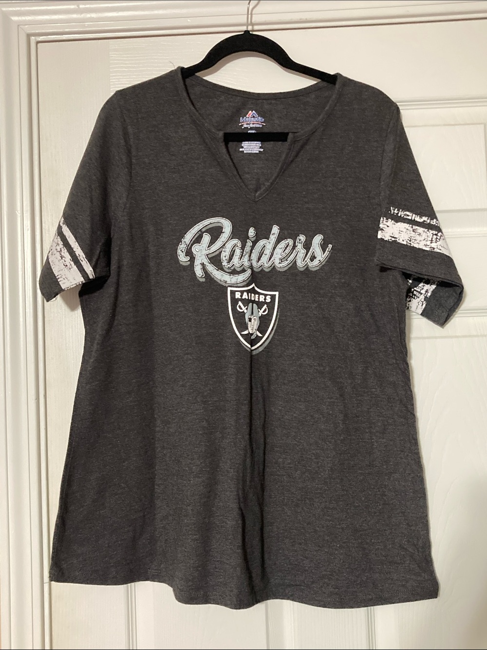 Raiders Short Sleeve V-Neck Tee in Charcoal with White Accents - size 1X